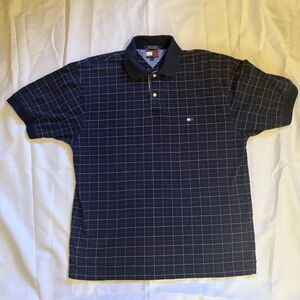 VINTAGE Tommy Hilfiger Polo Shirt Men's Large Navy Blue Plaid 90 's Y2K